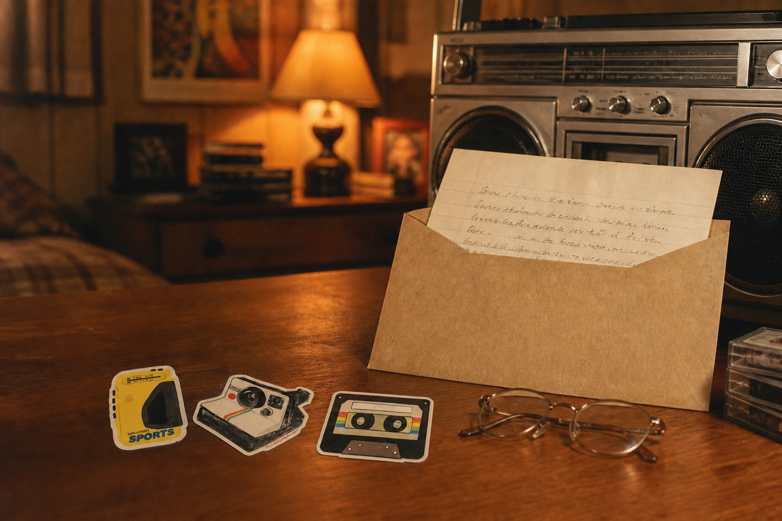 A warm nostalgic bedroom scene with a kraft envelope, handwritten letter, stickers, cassettes, and a vintage boombox